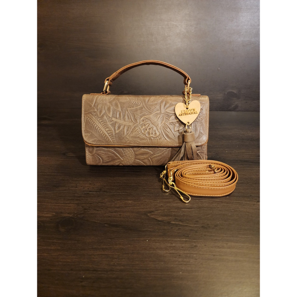 Hazelnut Brown Sunflower Embossed Tooled Artisan LEATHER Crossbody Handbag Purse - Picture 4 of 14